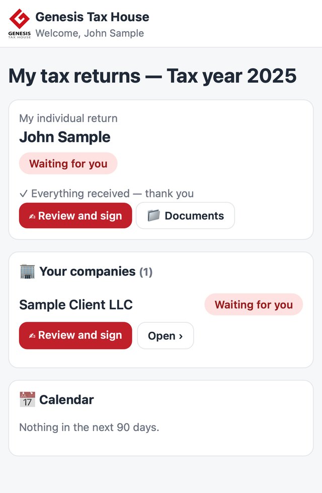 The Genesis Tax House client portal on a phone