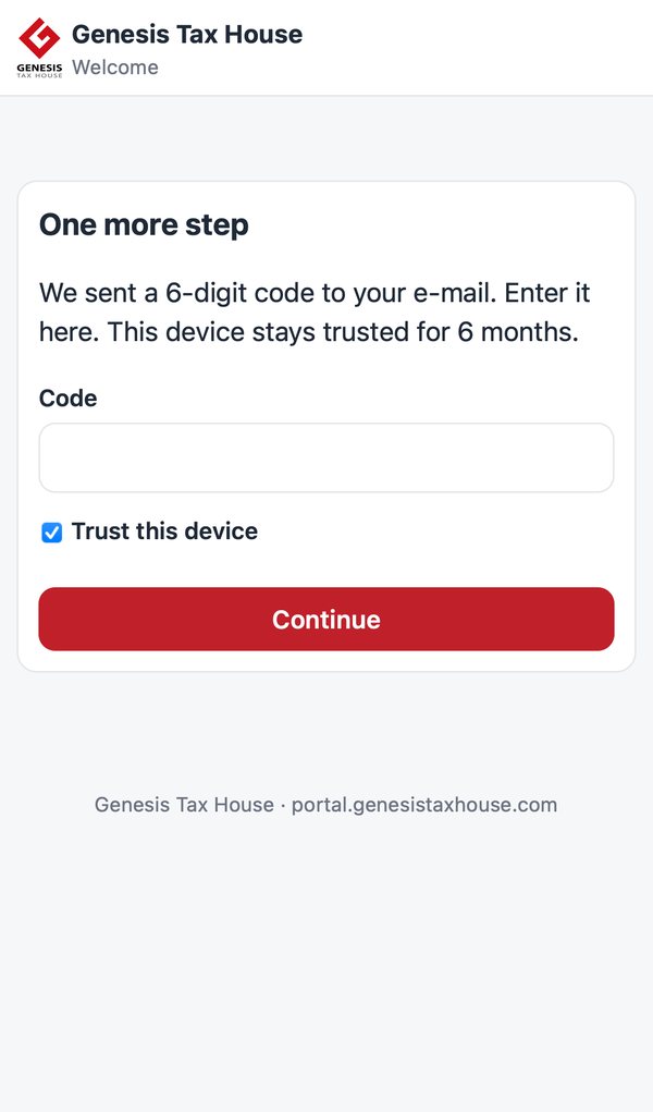 Screen that asks for the 6-digit code sent by e-mail