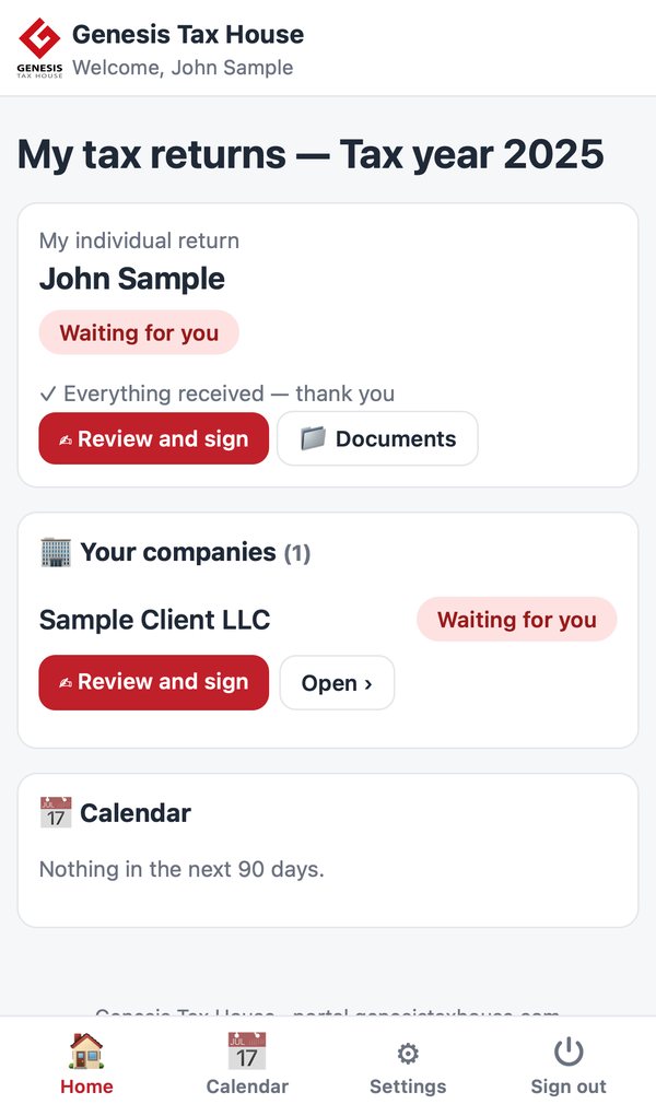 Portal home with the personal return and the companies