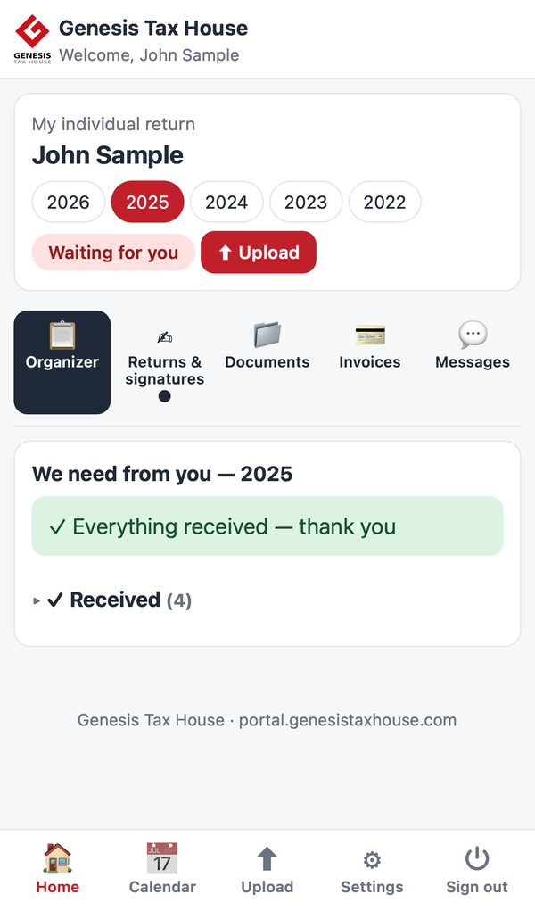 Organizer tab with the list of documents for the year