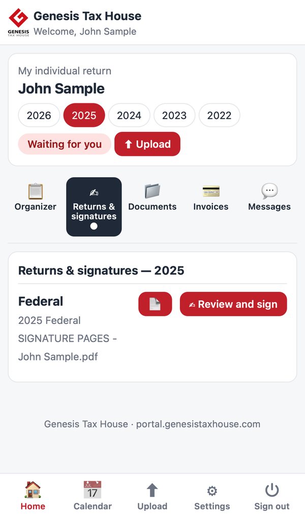 Returns and signatures tab with the Review and sign button