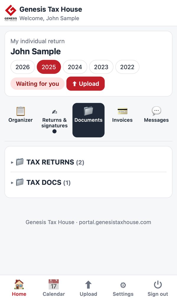 Documents tab with folders for tax returns and tax documents
