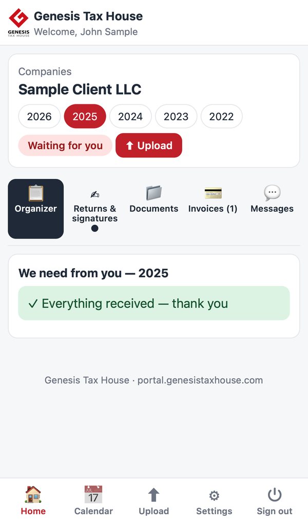 Company page with the Organizer, Returns, Documents, Invoices and Messages tabs