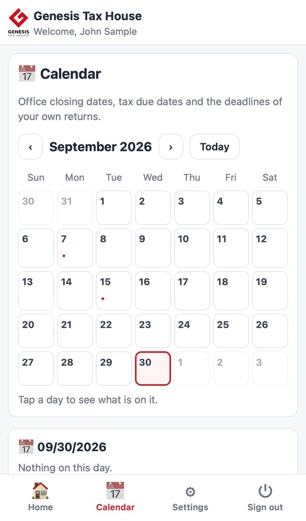 Calendar with tax due dates and office closing dates