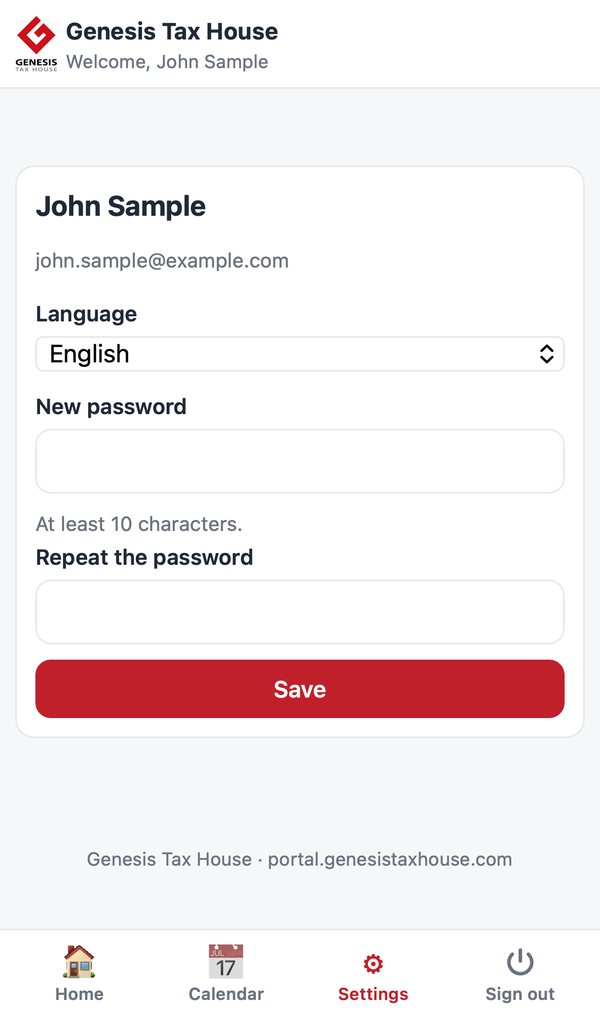 Settings screen with language and password