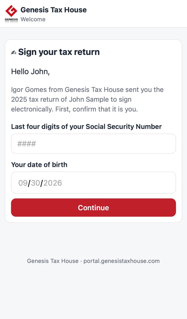 E-signature request that asks for the last four digits of the Social Security Number and the date of birth